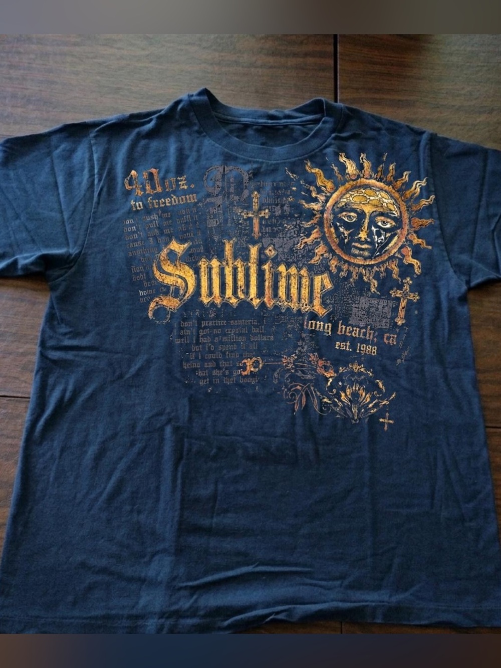 Gildan Navy Blue Sublime Graphic Tee with Gold Sun Print